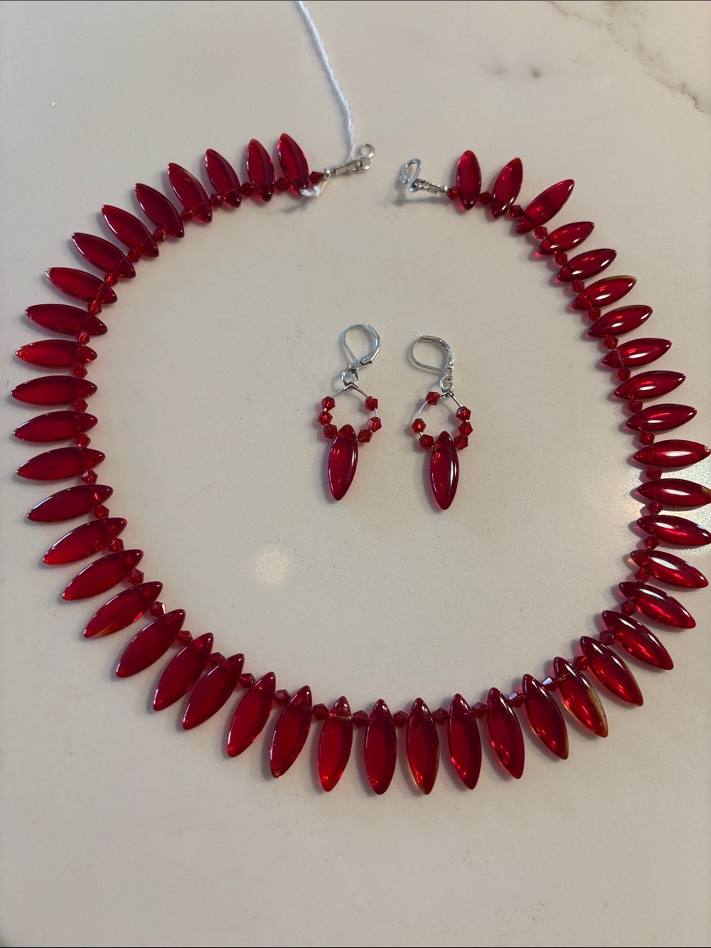 Necklace & Earring Set: Red Daggers with crystal spacers, silver-plated clasp